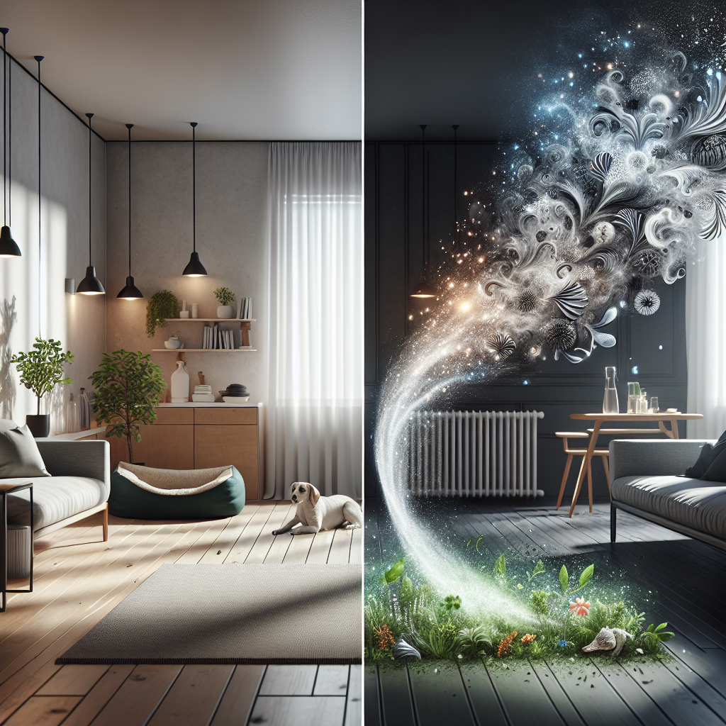 A modern, bright living room scene. On one side, subtle, dark, ethereal wisps of abstract bad odors are visibly dissipating from common sources like a pet bed and a kitchen area. On the other side, a clear, refreshing wave of air, adorned with sparkling light particles and delicate green leaf silhouettes, flows into the room, actively pushing away and dissolving the dark odor wisps. The scene conveys a rapid transformation from stale to fresh. Realistic, high-key lighting.