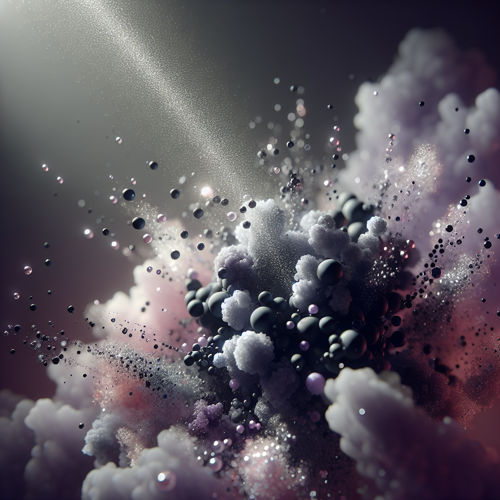 A conceptual, macro close-up depicting odor neutralization. Abstract, irregular dark grey and purple 'odor molecules' are visibly dissolving and transforming into clear, sparkling water droplets or pure light particles. A gentle, diffuse light source, possibly emanating from a crystalline structure or a subtle stream of 'freshness,' is facilitating this transformation. The image should convey cleanliness, science, and the effective elimination of unpleasantness, with a soft focus and ethereal quality.