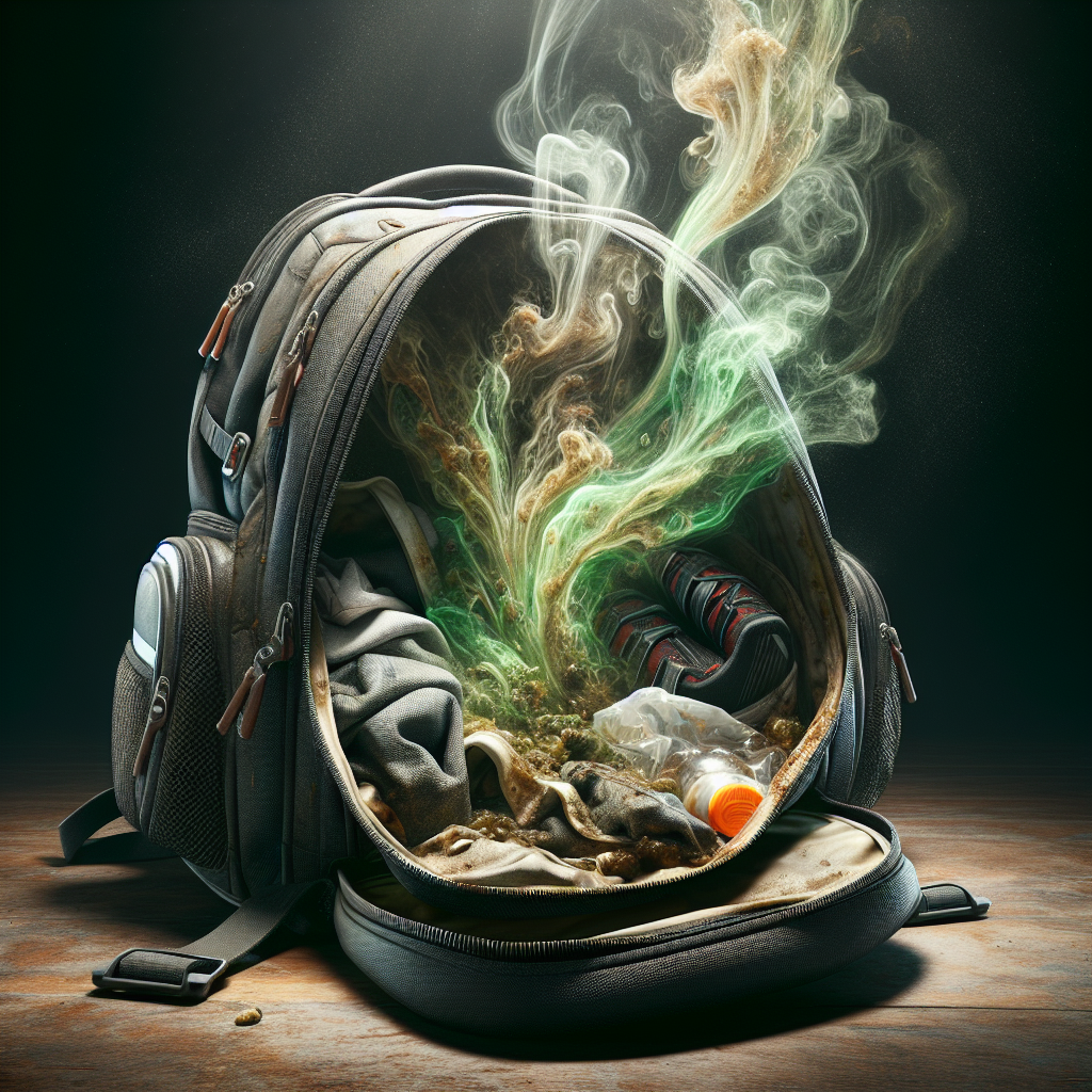 A close-up of a well-used backpack's open main compartment, from which visible, swirling green and brown unpleasant odors are emanating. Inside, one can glimpse forgotten, damp sports clothes and a crumpled food wrapper. The overall impression is one of a strong, bad smell. Realistic, dramatic lighting, shot from a slightly low angle.