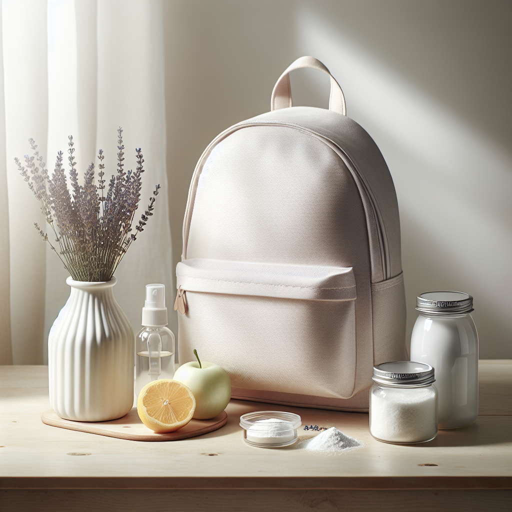 A pristine, fresh-looking backpack sitting on a clean, light wooden table. Next to it are small, open containers of natural odor removers like baking soda and activated charcoal, and perhaps a sprig of fresh lavender or a sliced lemon. Soft, natural light streams in from a window, emphasizing cleanliness and freshness. Bright, still-life photography style.