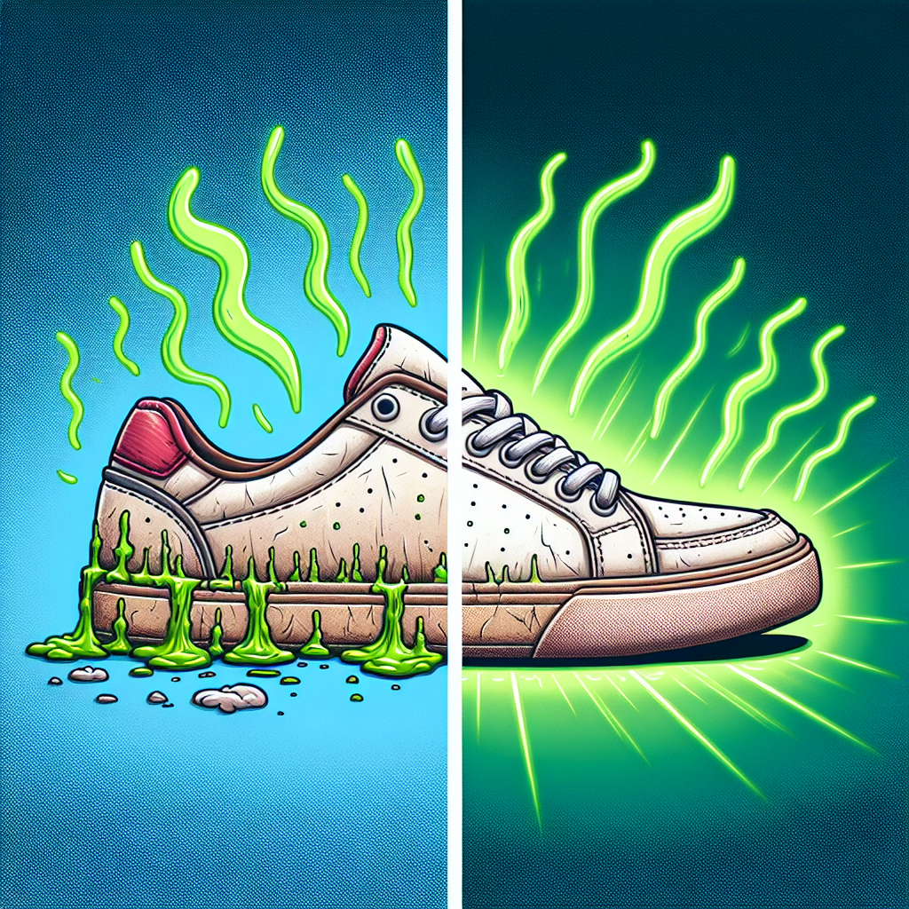 A split image showing a clear contrast: On the left, a well-worn sneaker with subtle, cartoonish green odor lines emanating from it, hinting at unpleasant smell. On the right, the exact same sneaker appears sparkling clean and fresh, with a gentle, bright aura of cleanliness. The background is simple and bright, emphasizing the before-and-after transformation.