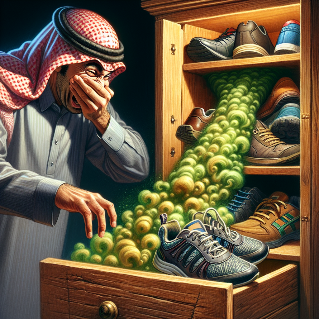 A person opens a wooden shoe cabinet, and a visible, greenish-brown, swirling cloud of unpleasant odor billows out, causing the person to recoil slightly with a disgusted expression. Various shoes (sports shoes, work shoes, sneakers) are visible inside the dimly lit cabinet, some appearing worn. Focus on the visual representation of the bad smell and the person's reaction. Photorealistic style.