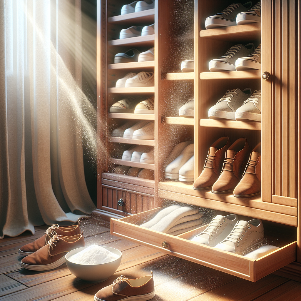 A brightly lit, clean, and organized wooden shoe cabinet with various shoes neatly arranged. A subtle visual representation of freshness, like gentle, shimmering light particles or a soft breeze effect, emanates from the cabinet. On one shelf, a small, open bowl of white powder (baking soda) is visible next to a pair of clean shoes. Warm, inviting, and airy atmosphere. Photorealistic style.