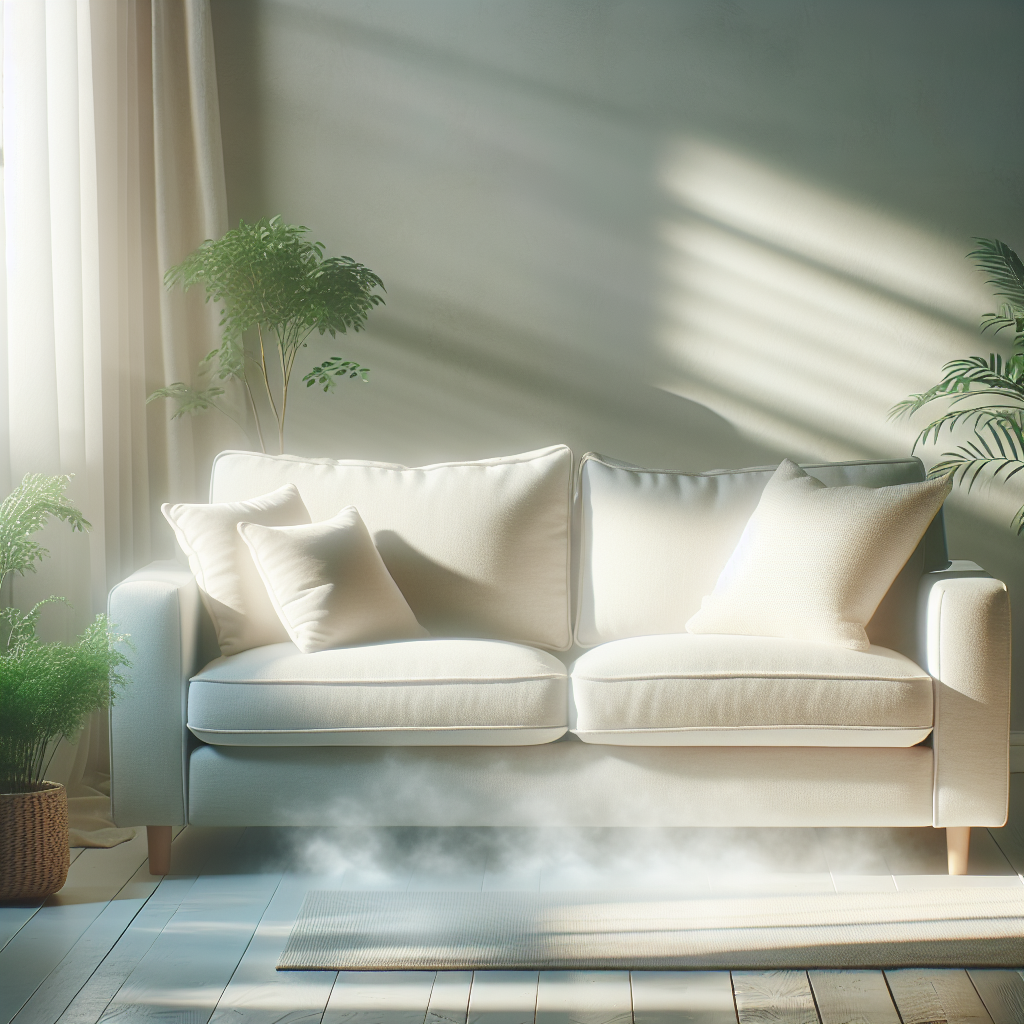 A cozy, sunlit living room with a clean, light-colored sofa that looks visibly fresh and inviting. A gentle, almost imperceptible mist subtly hovers around the sofa, symbolizing cleanliness and a pleasant, odor-free atmosphere. The overall mood is peaceful and serene, emphasizing a refreshed home environment, without any specific branding.