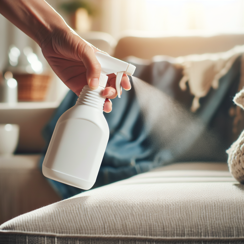 A close-up, dynamic shot of a hand holding a generic spray bottle (resembling a common household odor remover for fabric) emitting a fine mist onto the textured fabric of a sofa. In the soft-focus background, there are subtle, blurred hints of common odor sources like a pet blanket or a coffee cup, implying the product's purpose. Emphasize the action of refreshing and neutralizing odors.