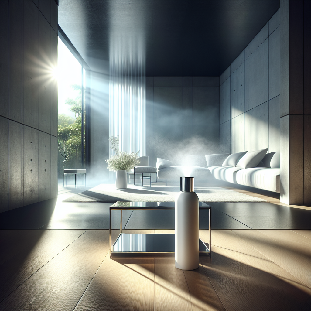 A bright, airy modern living room with a feeling of ultimate freshness. Sunlight streams through a window, illuminating a subtle, clean mist. A sleek, minimalist odor eliminator spray bottle stands on a polished coffee table, suggesting recent use. The overall atmosphere is calm, pure, and free from any unpleasant smells, in a photorealistic style.