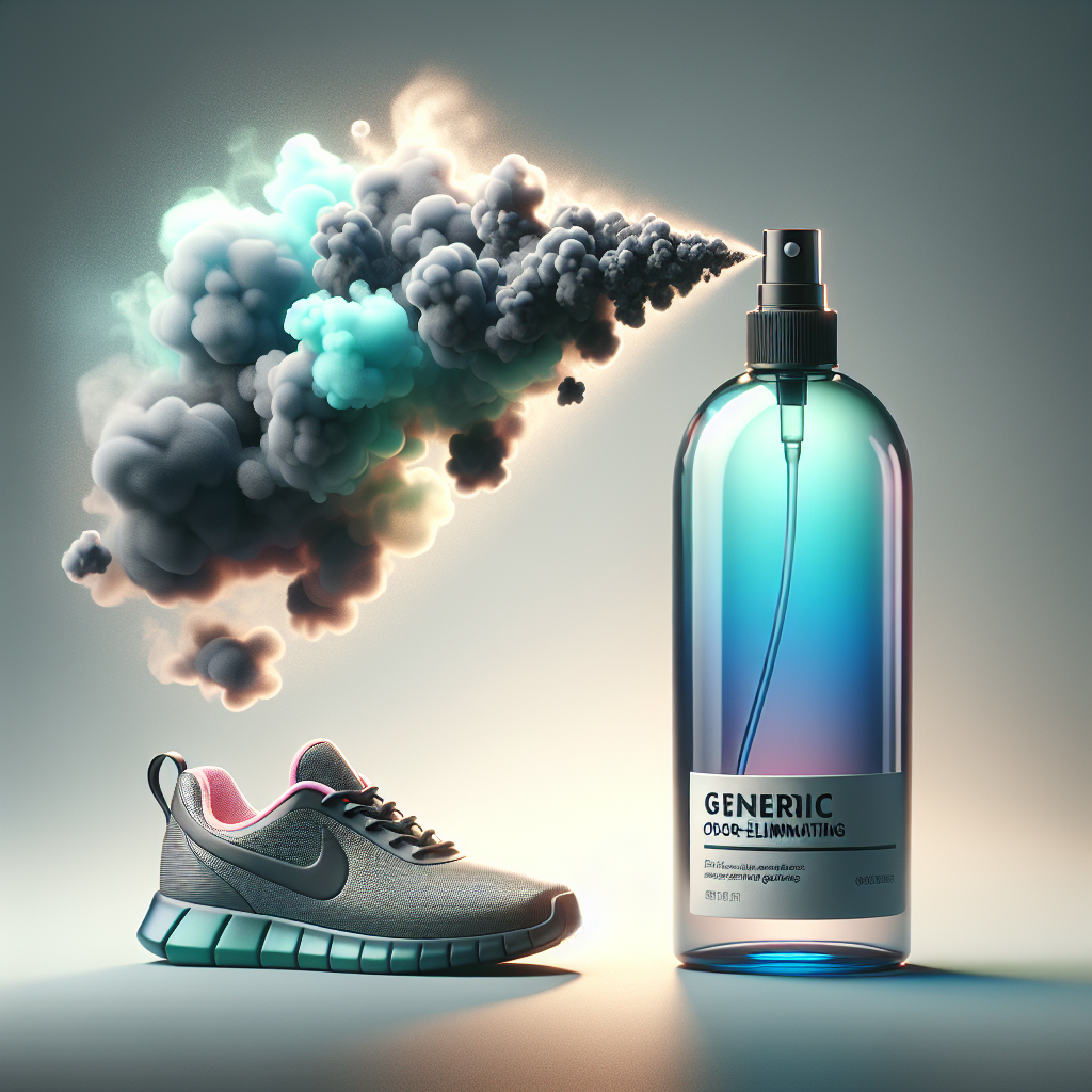 A sleek, generic odor remover spray bottle emitting a luminous, refreshing mist that visually disperses small, dark, cloud-like representations of unpleasant household odors (e.g., near a pet bed, sports shoes, kitchen bin). The scene transforms from slightly dull to vibrant and clean, with sunlit areas. Realistic style, high detail, emphasizing freshness and effective neutralization.