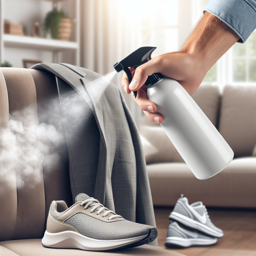Close-up of a hand holding a modern, generic odor remover spray bottle. The spray mist is visible, gently landing on different textures: a plush sofa cushion, a car seat, and a pair of athletic shoes. The mist visually represents freshness and cleanliness, with a soft glow. The background is a subtly blurred, clean home interior. Photorealistic, soft natural light, focus on versatility and gentle effectiveness.