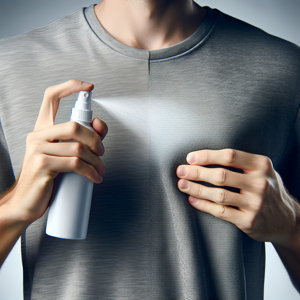 A close-up of a hand holding a sleek fabric odor remover spray bottle, actively spraying a fine mist onto a grey t-shirt. One side of the t-shirt appears noticeably fresher and smoother, contrasting with the slightly duller texture of the other side, symbolizing the before and after effect of odor neutralization. Clean, bright, and minimalist background with soft studio lighting. High-resolution, commercial photography style.