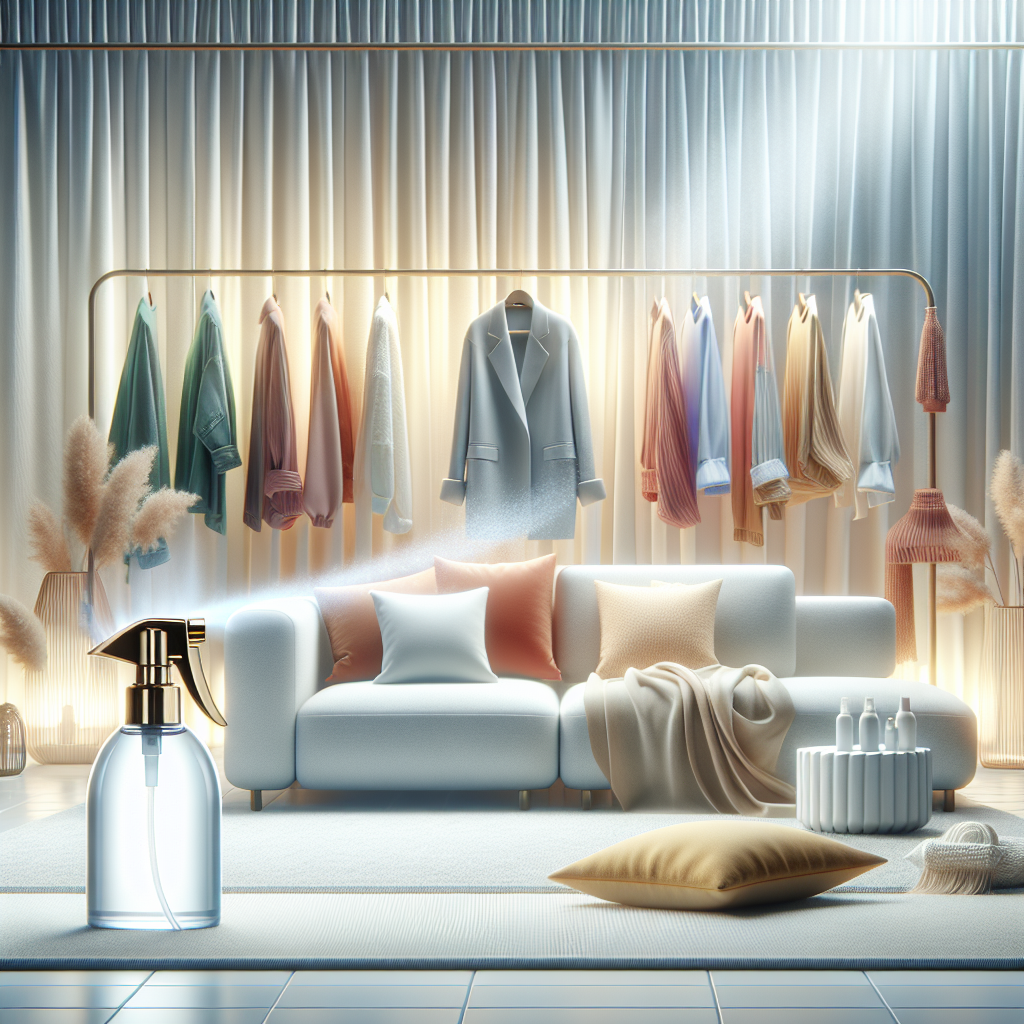 A bright and airy home scene featuring a modern fabric odor remover spray bottle prominently in the foreground, emitting a gentle, refreshing mist. In the background, various clean and vibrant textiles are subtly arranged: a plush sofa cushion, a neatly hung jacket, and a flowing sheer curtain. The overall impression is one of freshness, cleanliness, and effortless revitalization. Soft, natural lighting, high-key photography style, inviting atmosphere.