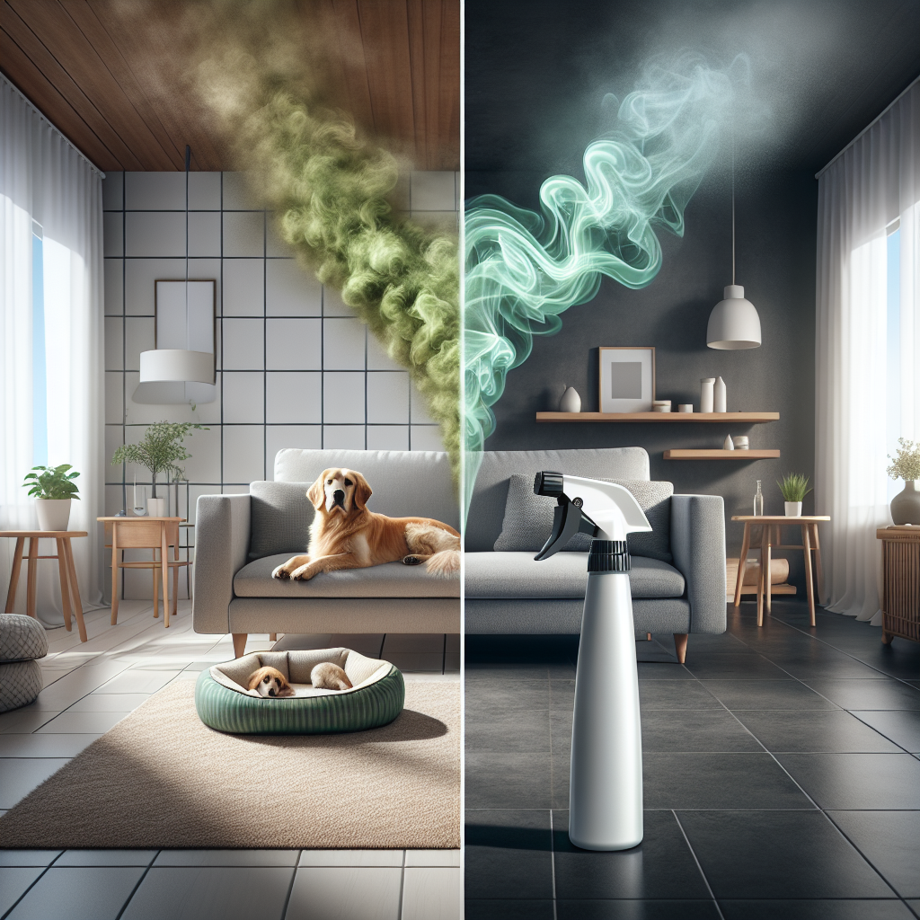 A split image concept for an odor remover spray. On the left side, a cozy living room with a dog on a pet bed, and subtle, wavy, unpleasant-looking 'odor' visually rising from the area (like faint, greenish-brown wisps). On the right side, the exact same scene, but the 'odor' is completely gone, replaced by a bright, clean, fresh atmosphere. A sleek, modern odor remover spray bottle is prominent in the foreground on the right, emitting a fine, clear mist, symbolizing the solution. Realistic, clean photography style.