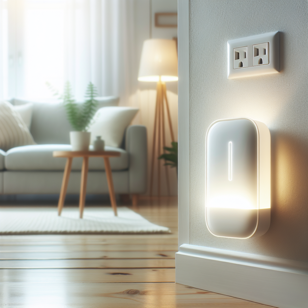 A modern, minimalist plug-in odor remover device, subtly glowing with a soft, clean light, inserted into a wall socket in a bright, inviting living room. The room is tidy and bathed in gentle natural light, conveying a sense of fresh, purified air. High-quality product photography style, soft focus.