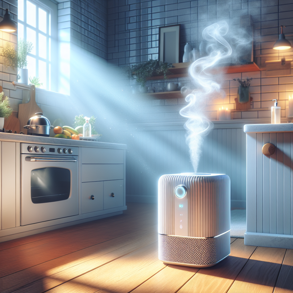 A sleek plug-in air purifier device, emitting a subtle, fresh mist or clear aura, neutralizing odors in a functional area like a kitchen next to a stovetop or a clean bathroom. The air around the device appears noticeably crisp and clean, implying a transformation from unpleasant smells. Warm household lighting, focus on the device and its immediate, refreshed surroundings.