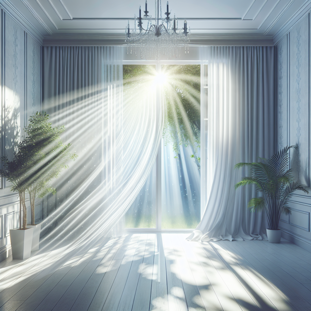 A bright and airy room with a wall featuring clean, fresh white wallpaper. Sunlight streams in through an open window, highlighting a gentle breeze that makes light curtains flutter. The overall mood is one of renewed freshness, cleanliness, and a pleasant, odor-free atmosphere.