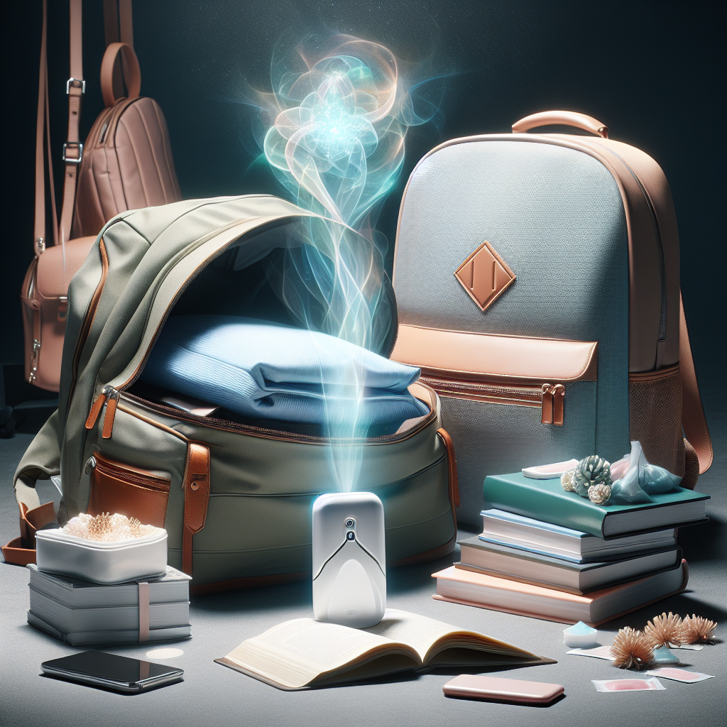 A visually appealing still life featuring an open sporty gym bag, a student's backpack, and a chic handbag arranged together. From one bag, a subtle, ethereal 'stink' effect (like a faint, transparent ripple in the air) is visible, while next to it, a small, sleek odor-removing sachet or device glows with a clean, fresh light, symbolizing a solution. Bright, clean aesthetic, studio lighting, modern product photography style.