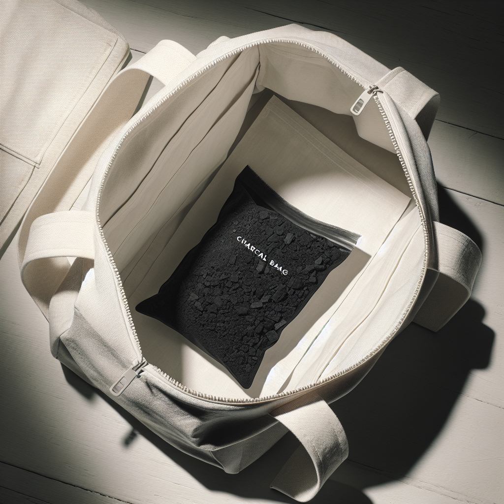 Close-up, top-down view looking into an open, stylish fabric backpack or tote bag. At the bottom, a small, minimalist black activated charcoal bag is placed, emitting a soft, clean, white 'freshness' glow. The inside of the bag looks impeccably clean and inviting, with a subtle texture visible on the fabric. The overall impression is one of natural purification and freshness. Soft, natural light, high detail.