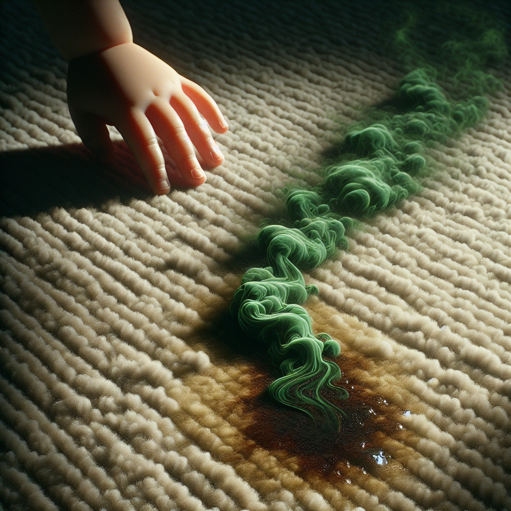 A close-up shot of a plush, beige carpet with a dark, wet stain (e.g., from coffee or a pet accident). Subtle, wavy, unpleasant-smelling green vapor lines are gently rising from the stain, illustrating a bad odor. The lighting is slightly dim, emphasizing the problem. Realistic, high detail.