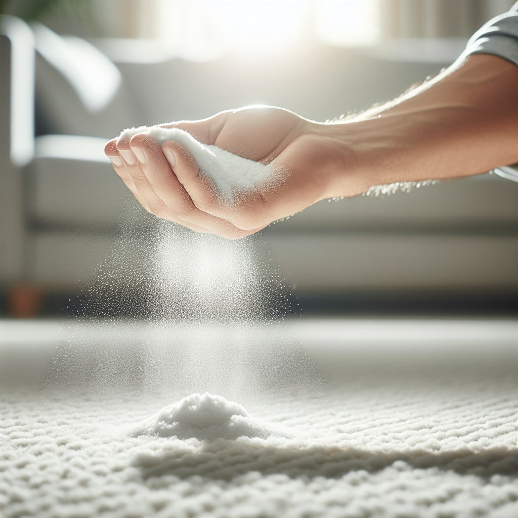 A hand carefully sprinkling a generous amount of white powder (like baking soda or Natron) onto a clean, light-colored carpet. The powder is falling gently, creating a fine cloud. The scene is brightly lit, with a fresh, clean atmosphere. A subtle, soft glow or 'freshness' effect emanates from the sprinkled area. Realistic, high detail, focus on the hand and carpet.