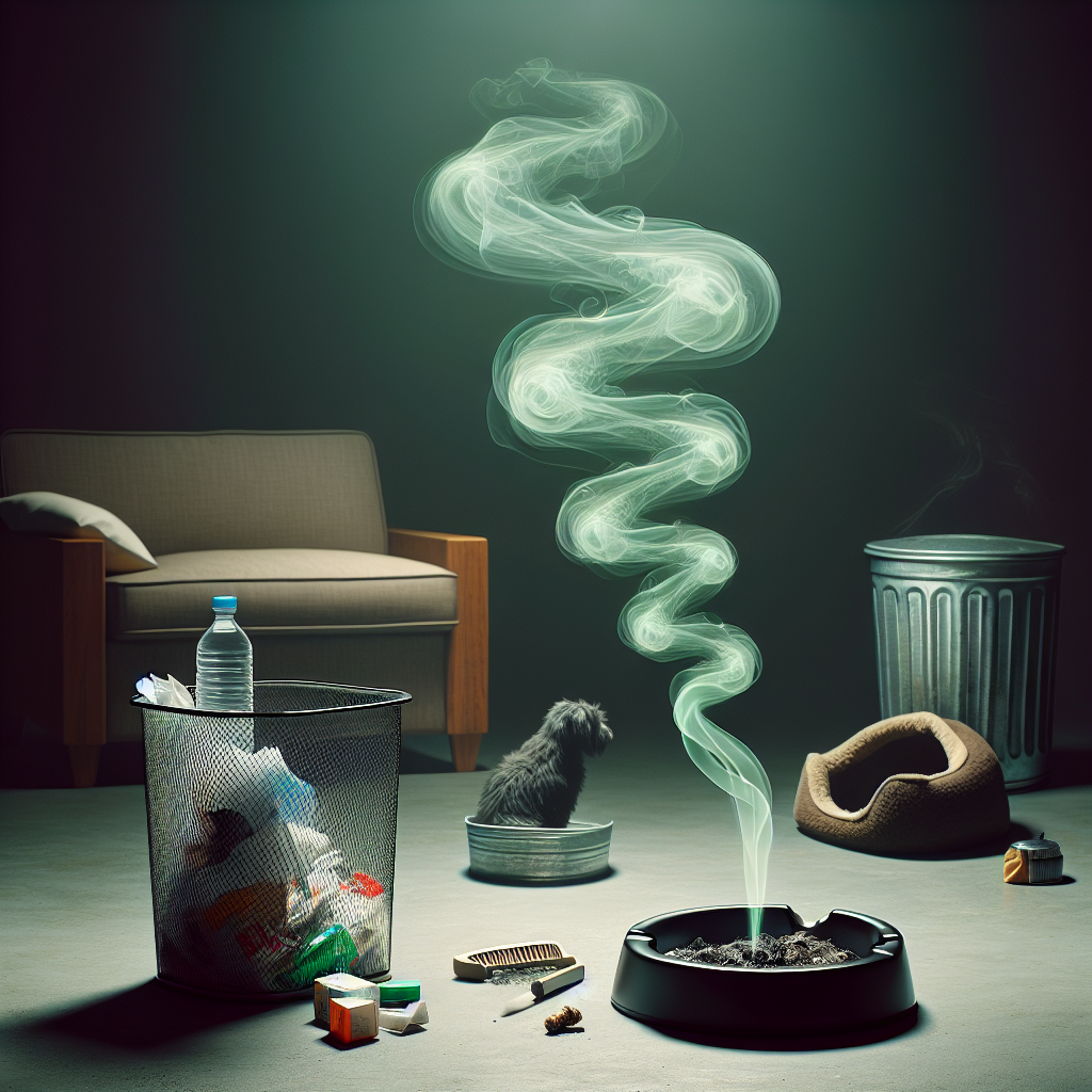 A composite image depicting various common sources of unpleasant household odors: a used ashtray with a faint wisp of smoke, a slightly overflowing trash can with some visible refuse, and a pet's bed. Above these objects, a subtle, swirling, dark green-grey mist symbolizes the lingering bad smell, permeating the scene. The overall lighting is somewhat dim and muted, conveying a stale, uncomfortable atmosphere. Realistic, detailed, slightly melancholic tone.