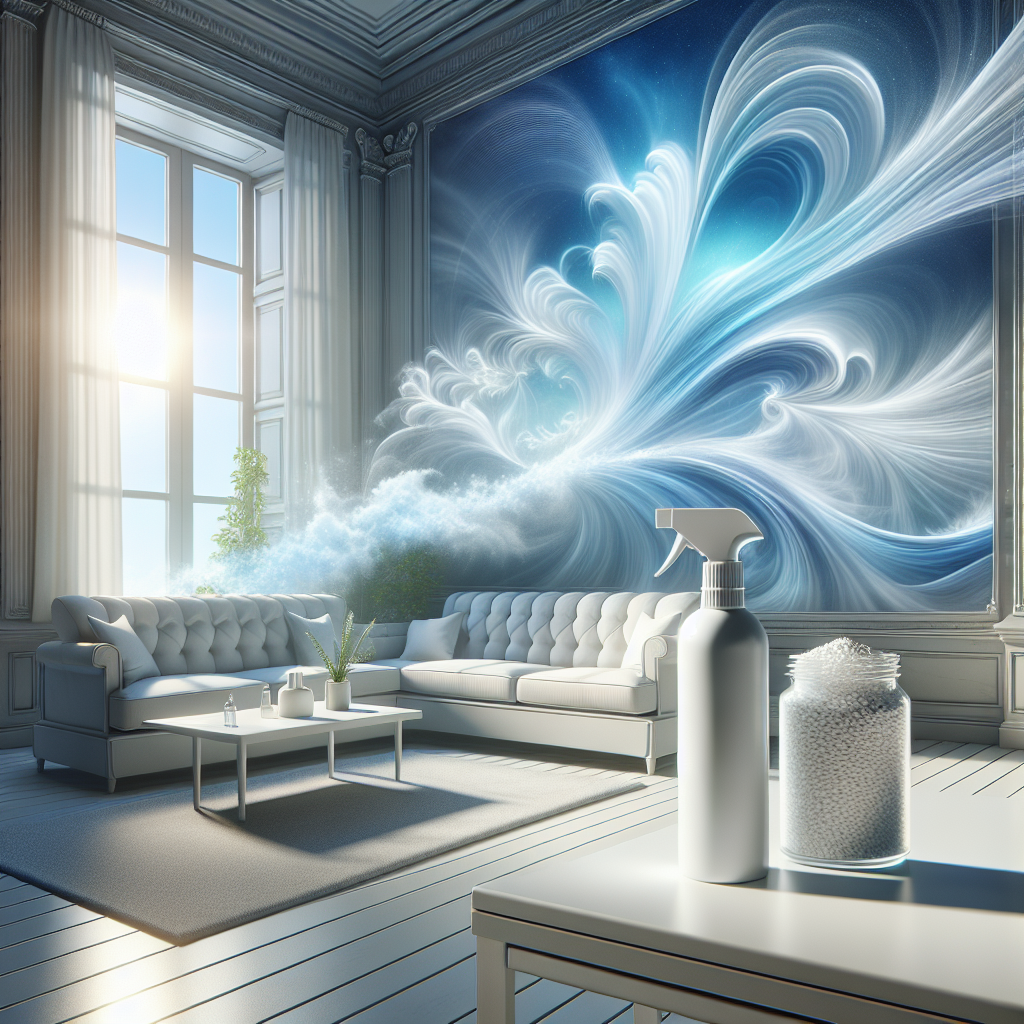 A bright, sparkling clean and airy room with abundant sunlight streaming through a large window, illuminating a pristine sofa and a tidy floor. In the foreground, a modern, sleek odor eliminator product – either a spray bottle or a container of white granules – is subtly placed on a clean, light-colored surface. Above the room, delicate, shimmering, light blue and white air currents gracefully replace dissipating faint, dark wisps, symbolizing the effective removal of bad odors and the introduction of pure, fresh air. Realistic, clean aesthetic, vibrant and uplifting atmosphere.