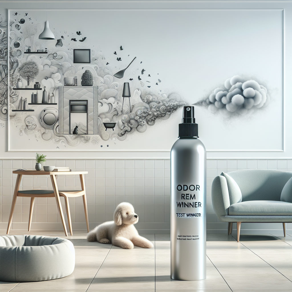 A sleek, minimalist design spray bottle labeled 'Odor Remover Test Winner' prominently displayed in a bright, modern home setting. Around it, various stylized, fading sources of unpleasant odors are visually dissipating: a subtle cloud of pet odor vanishing near a dog bed, wisps of cigarette smoke fading from an armchair, and a faint 'stale air' symbol disappearing from a kitchen counter. The overall atmosphere is fresh, clean, and inviting. High detail, vibrant colors, soft lighting, concept art.