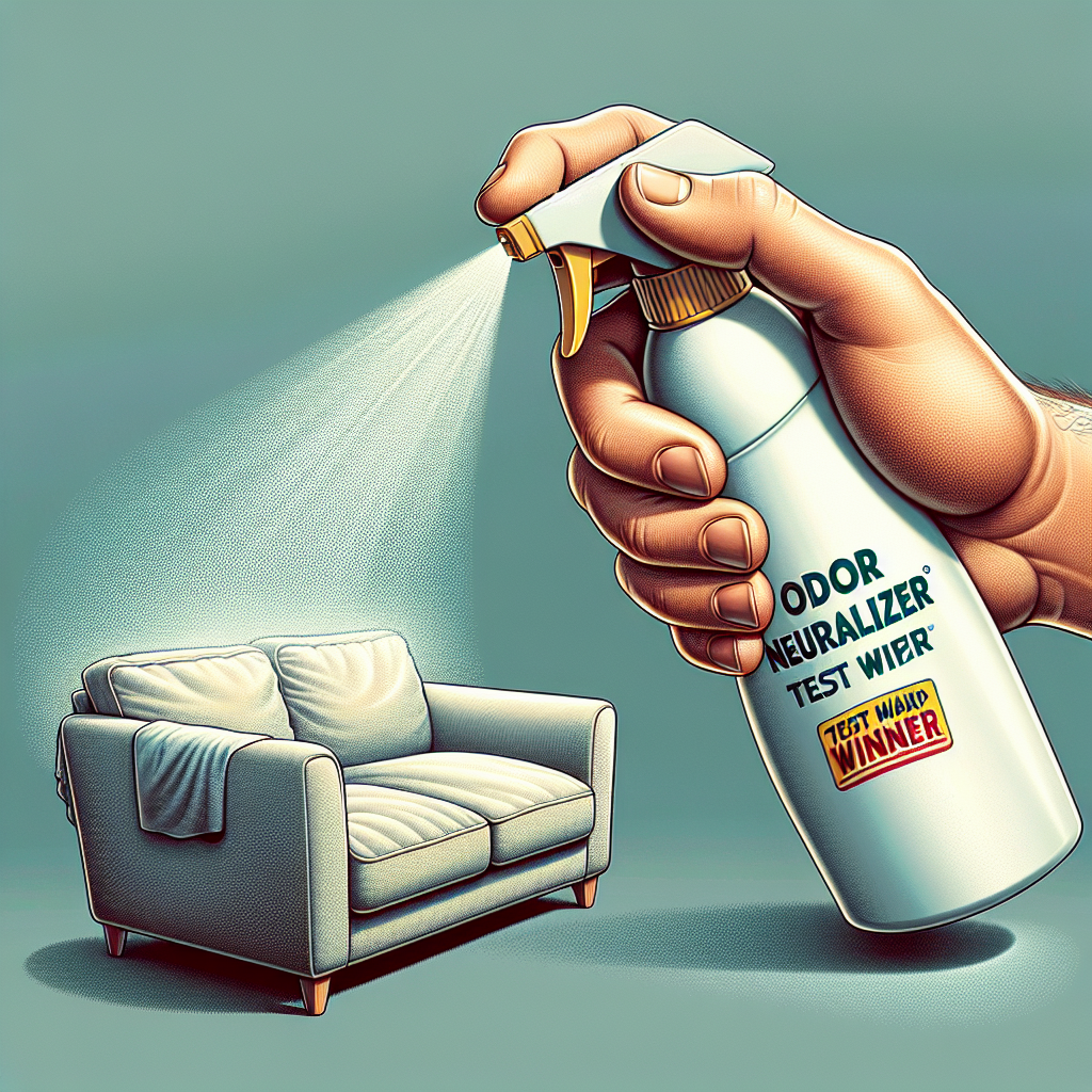 Close-up of a hand holding a modern, eco-friendly spray bottle of an 'Odor Neutralizer Test Winner' product, with a fine, almost invisible mist being sprayed onto a subtly implied smelly object like a fabric sofa or an old shoe. In the background, a blurred but clean and fresh home environment is emerging, symbolizing effective odor removal and transformation. Emphasize cleanliness, effectiveness, and a sense of 'before and after' freshness. Bright, clean aesthetic, elevated product photography style.