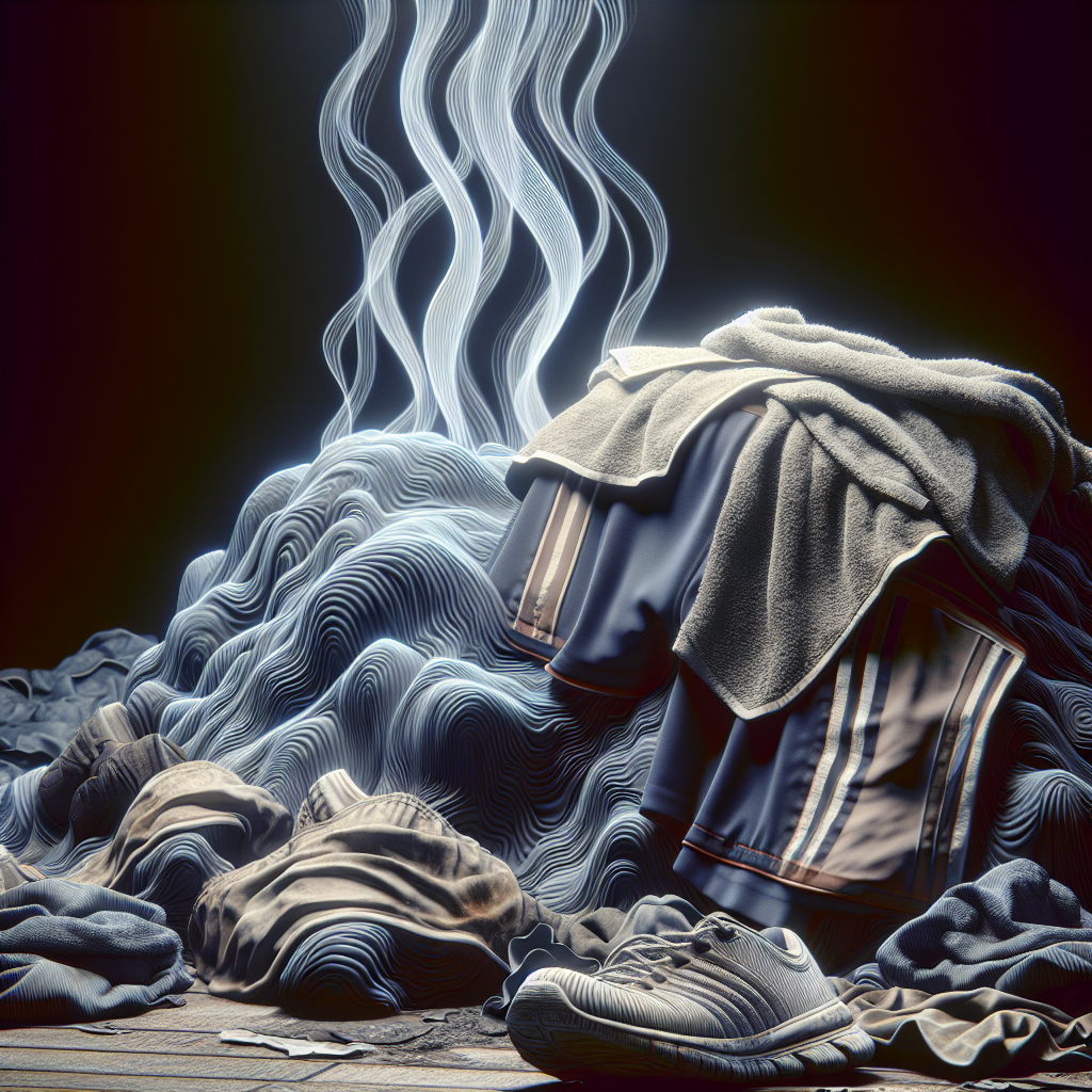 A close-up, slightly dramatic photo of a pile of neglected, damp sports clothes and a crumpled, old, musty towel. Visible, wavy vapor lines subtly rise from the fabrics, representing an unpleasant odor. The lighting is dim, emphasizing the griminess and the need for cleaning. Realistic, high-detail.
