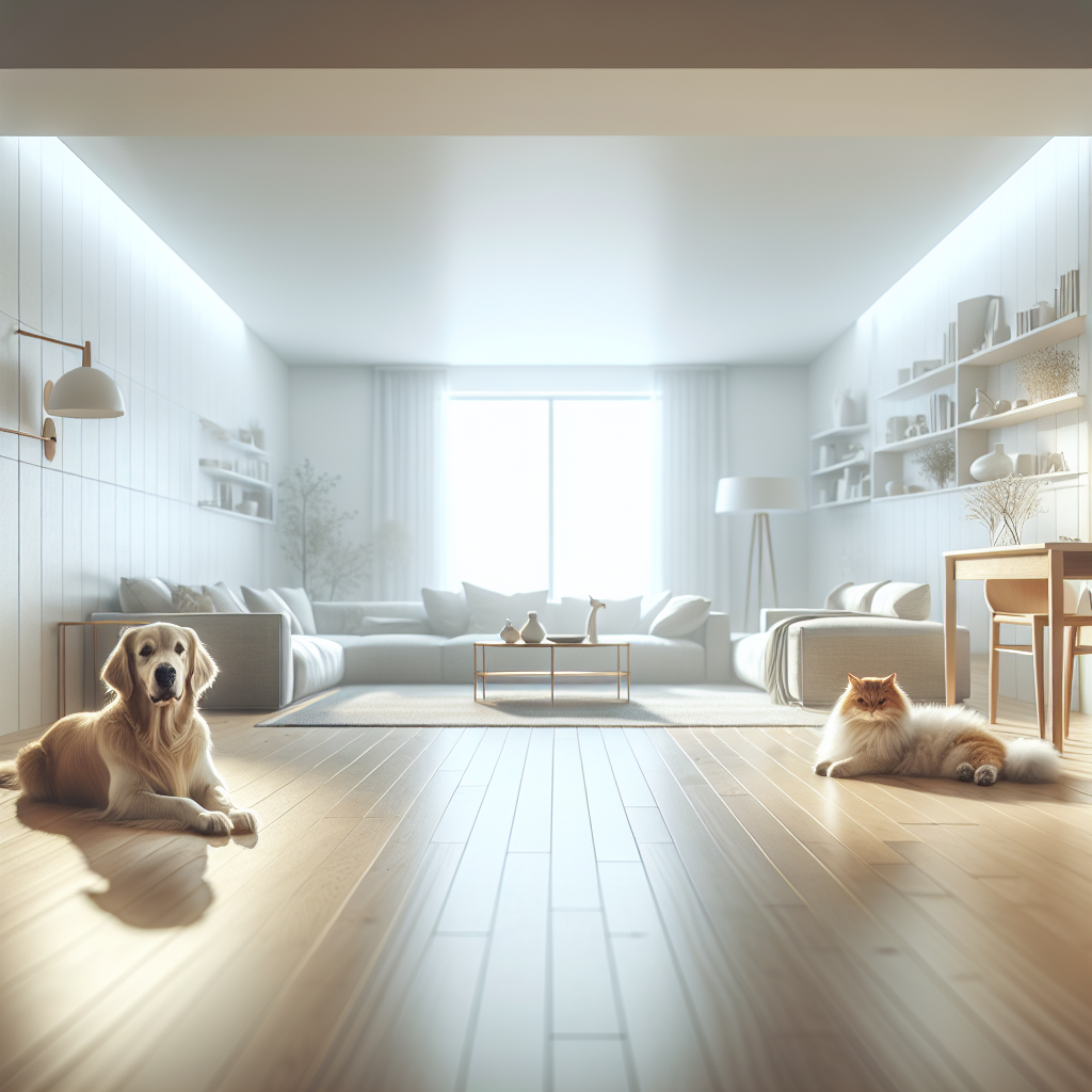 A golden retriever and a fluffy cat relaxing comfortably in a bright, modern living room filled with natural light. The room is impeccably clean, and the atmosphere visibly conveys a sense of fresh, pure air, free from any pet odors. Emphasize serenity and cleanliness. Realistic, wide shot.