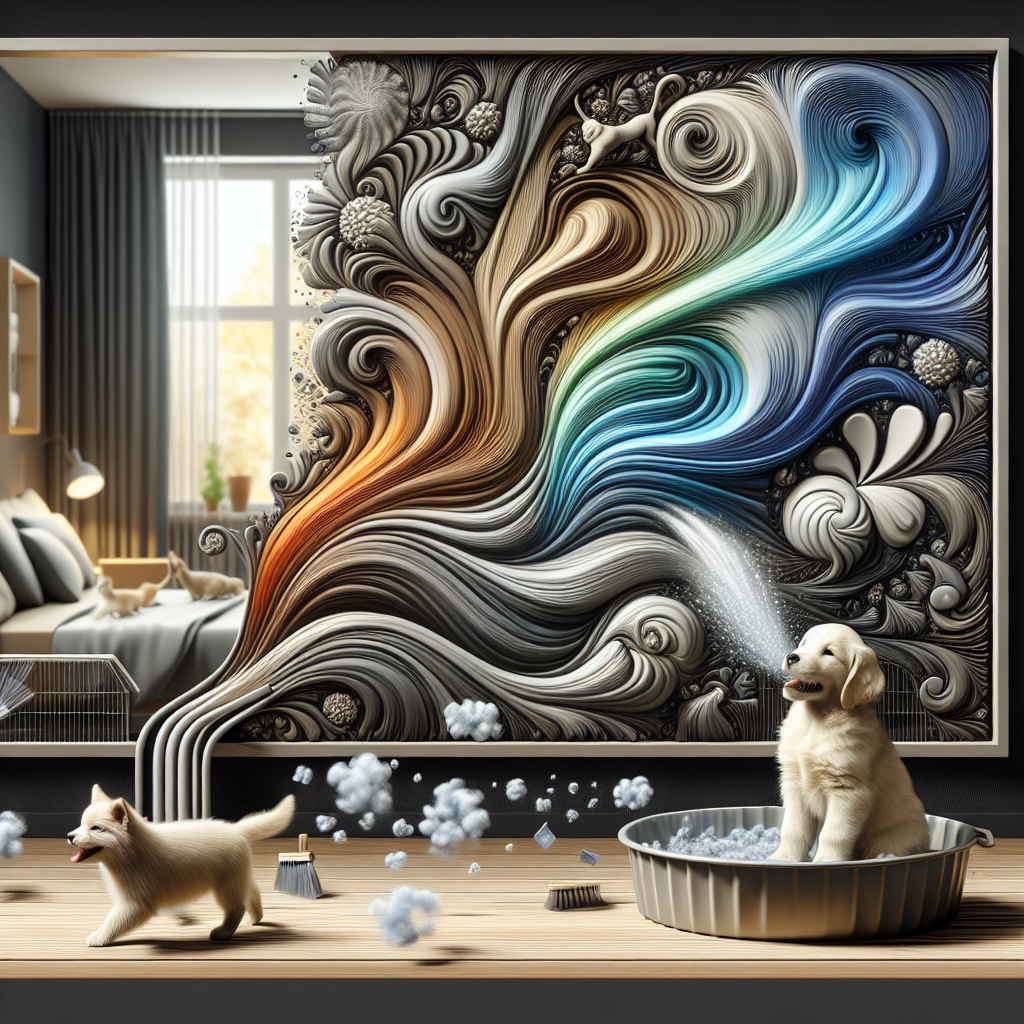 Abstract representation of unpleasant pet odors (e.g., subtle grey or brown wisps) actively dissipating and transforming into clean, fresh air (e.g., bright white or blue light trails) around a playful puppy and a kitten in a clean home environment. Focus on the dynamic process of odor neutralization and replacement with freshness. Illustrative, conceptual art style.