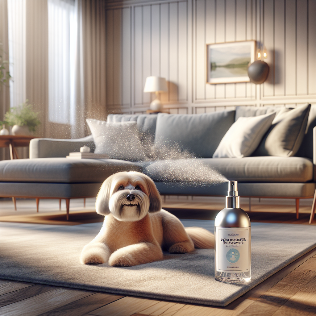 A bright, clean living room with a happy, well-groomed dog or cat relaxing comfortably on a light-colored rug. In the foreground, a modern, elegant spray bottle of 'Odor Eliminator' is clearly visible, with a subtle visual effect of fresh, clean air or sparkling particles emanating from the product, effectively dissolving any hint of unpleasant smells. The overall scene conveys a sense of peace, freshness, and a harmonious home environment, emphasizing effective pet odor removal. Realistic, high-quality photography, soft natural lighting.