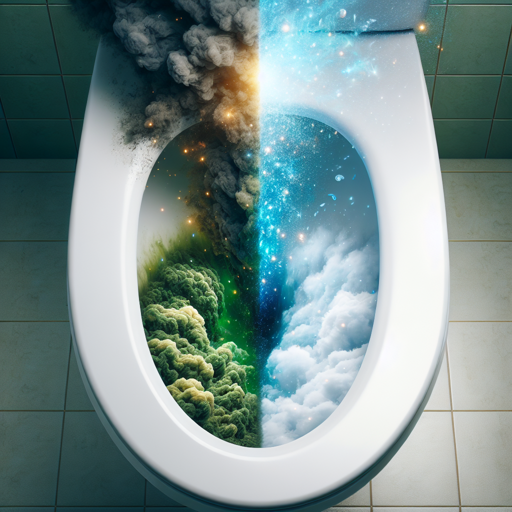 A conceptual image showing a toilet bowl split into two halves. On one half, dark, swirling, unpleasant odor clouds are emanating, depicted with a slightly greenish-brown hue. On the other half, bright, sparkling, fresh air, perhaps with blue and white light particles, is rising from the bowl, symbolizing the elimination of bad smells and the introduction of freshness. Clean, hyperrealistic photography style, emphasizing contrast.