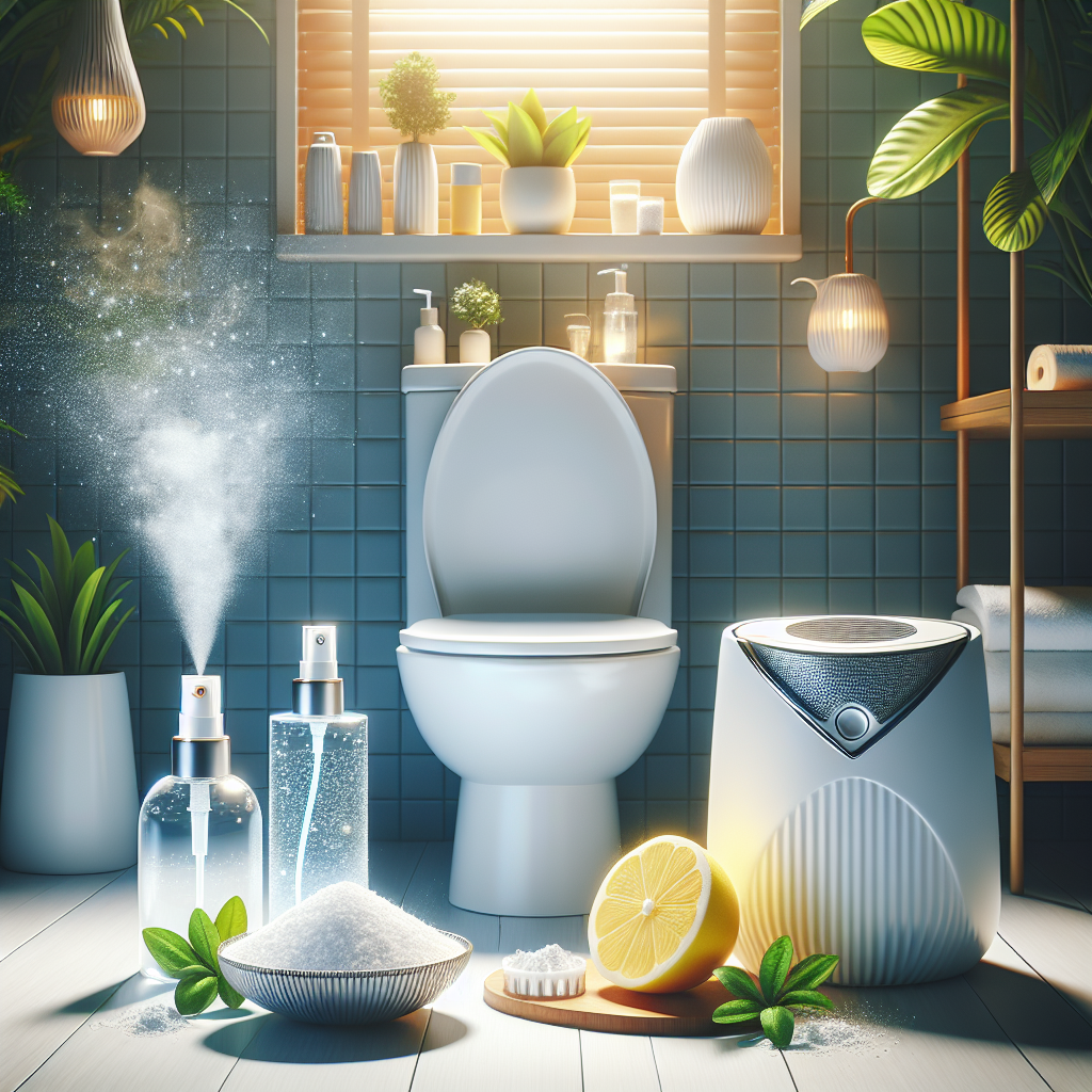 A vibrant arrangement of various odor-neutralizing solutions around a sparkling clean toilet bowl in a modern bathroom. Feature a sleek spray bottle releasing a subtle, fresh mist, a small decorative bowl filled with white baking soda, a sliced fresh lemon, and a subtle, compact electric air purifier. The scene should be bright, well-lit, and convey a strong sense of cleanliness and pleasant scent. High-quality product photography style.