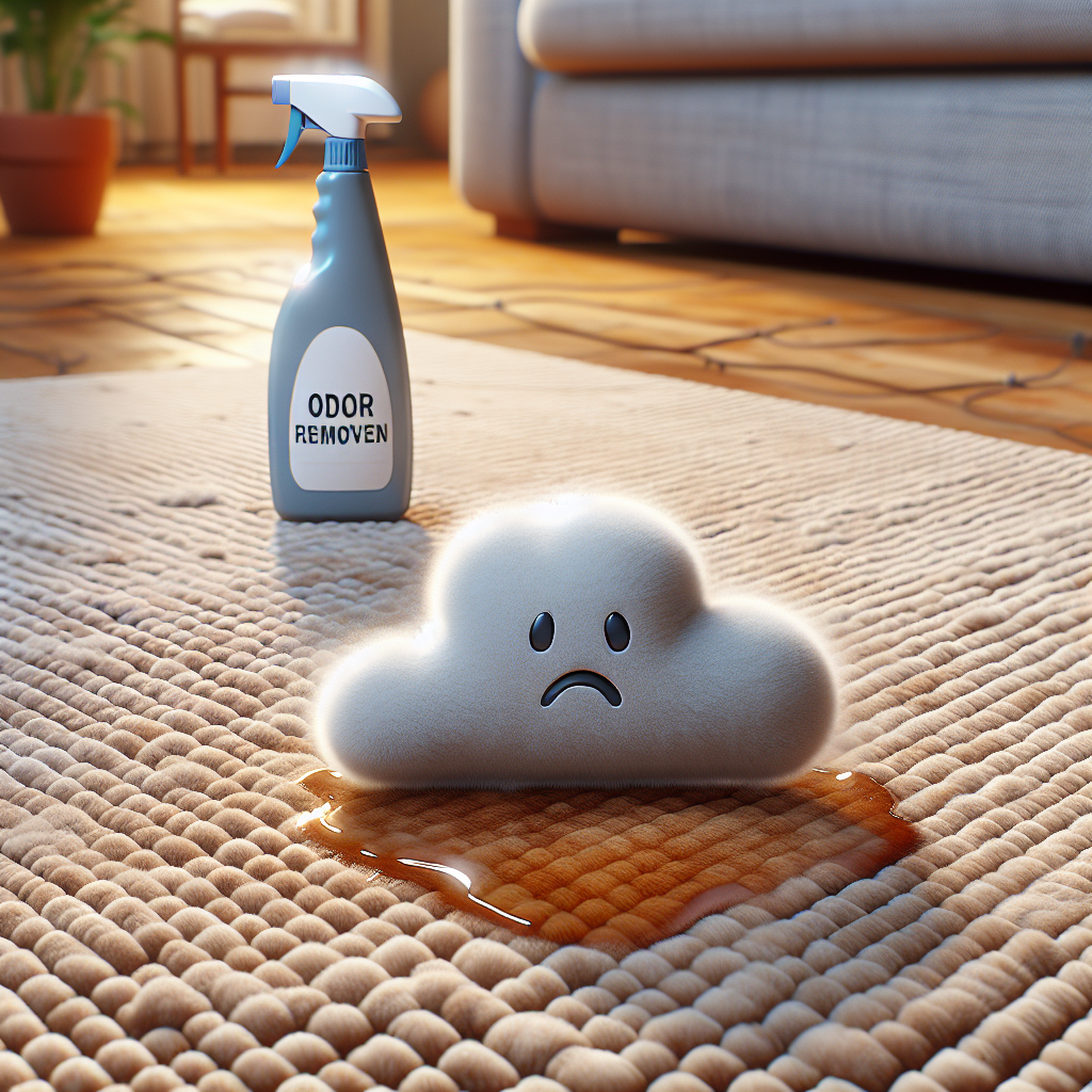 A close-up of a cozy living room rug with a subtle wet stain, and a small, unhappy cloud icon above it representing bad odor. Next to the stain, a generic spray bottle for 'Odor Remover' is ready to be used. The background is a blurred, clean home environment. Realistic, slightly warm lighting.