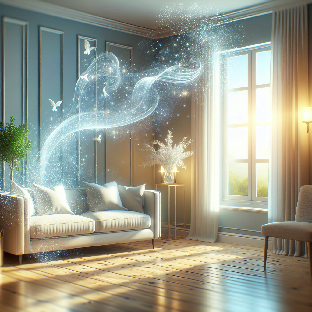 A sparkling clean and fresh-smelling room, possibly a living room or bathroom, with sunlight streaming in. There are no visible stains or odors. Instead, subtle, sparkling particles and gentle upward flowing 'fresh air' wisps are visible, suggesting deep cleanliness and a pleasant scent. A sense of calm and hygiene. Realistic, bright and airy.
