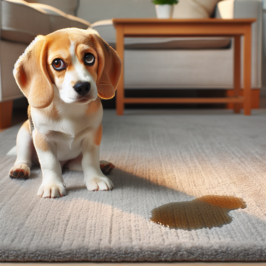 A small, light-colored dog, like a Beagle or a Terrier, looking slightly guilty or confused while sitting next to a subtle, wet-looking spot on a light grey, low-pile living room carpet. The lighting is soft and natural, emphasizing the common household situation and the need for a solution.