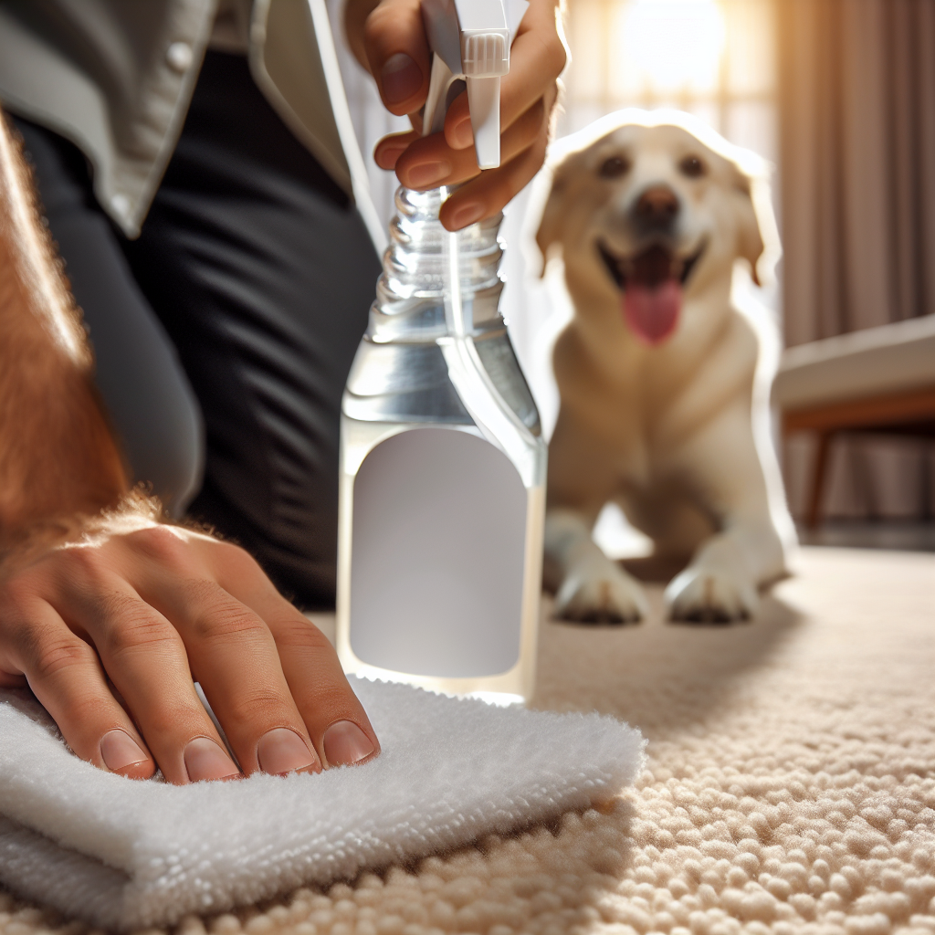 A close-up shot of an adult's hands using a spray bottle with a generic label and a clean white cloth to gently dab a light-colored carpet. In the background, out of focus, a happy, clean dog is looking contentedly at the scene. The overall mood is one of effective cleaning, freshness, and satisfaction.