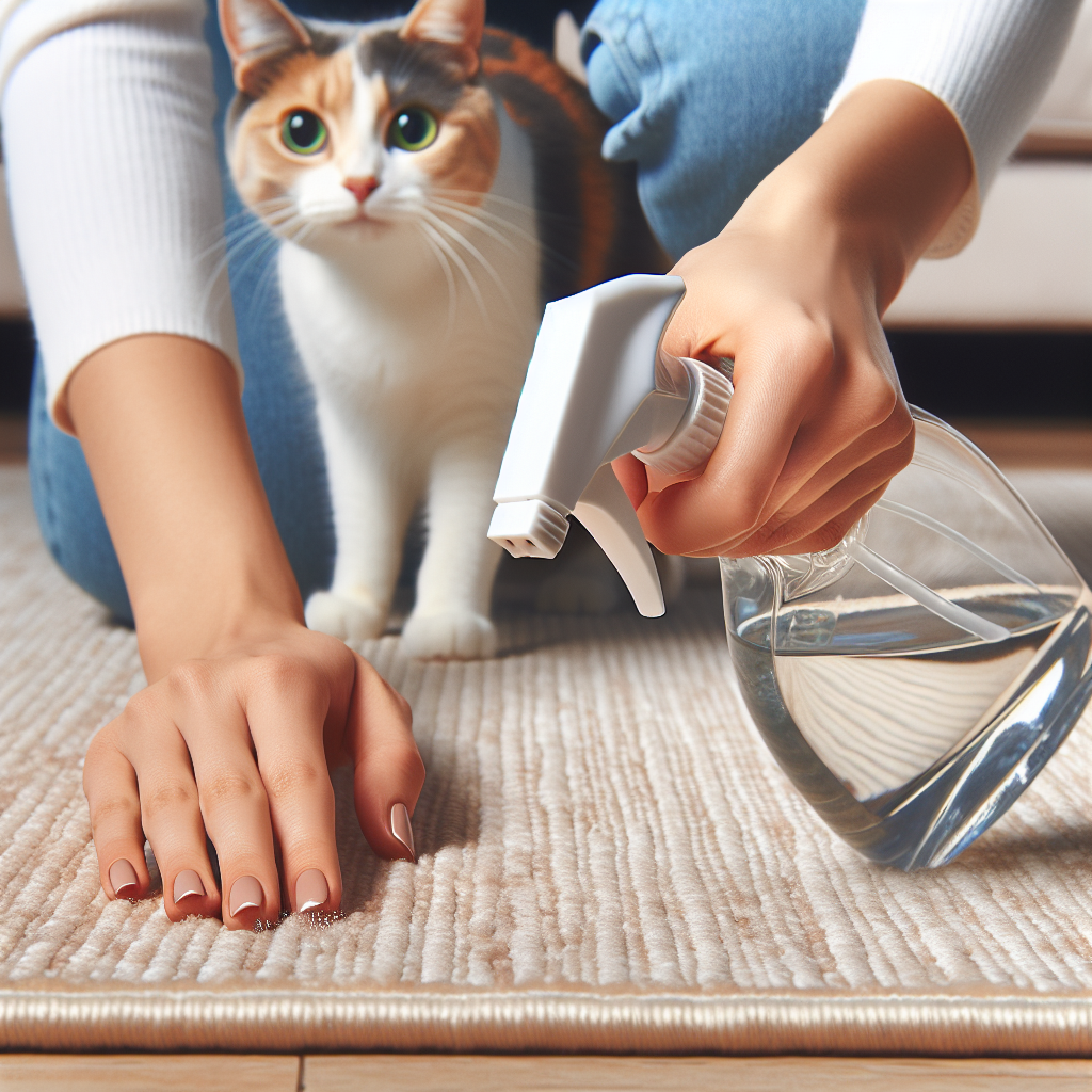 A close-up shot of a hand actively spraying a clear liquid (from a generic, clean spray bottle) onto a subtle, slightly damp spot on a light-colored carpet or wooden floor. A domestic cat, with curious eyes, peeks into the frame from the background, observing the cleaning process. The scene should feel bright, focused on problem-solving, and convey a sense of immediate action against an unseen odor.