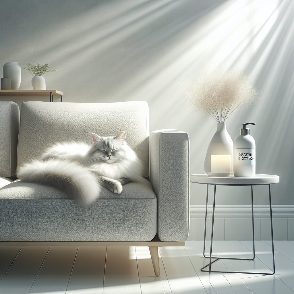 A fluffy, contented domestic cat is peacefully curled up asleep on a pristine, light-colored sofa in a bright and airy living room. Sunlight streams gently through a nearby window, illuminating the room. On a small, stylish side table next to the sofa, a discreet bottle labeled 'Enzymreiniger' (or a generic cleaning product bottle) is visible, subtly hinting at a recently cleaned, fresh-smelling environment. The overall mood should be calm, clean, and inviting, symbolizing a home free of unpleasant odors.
