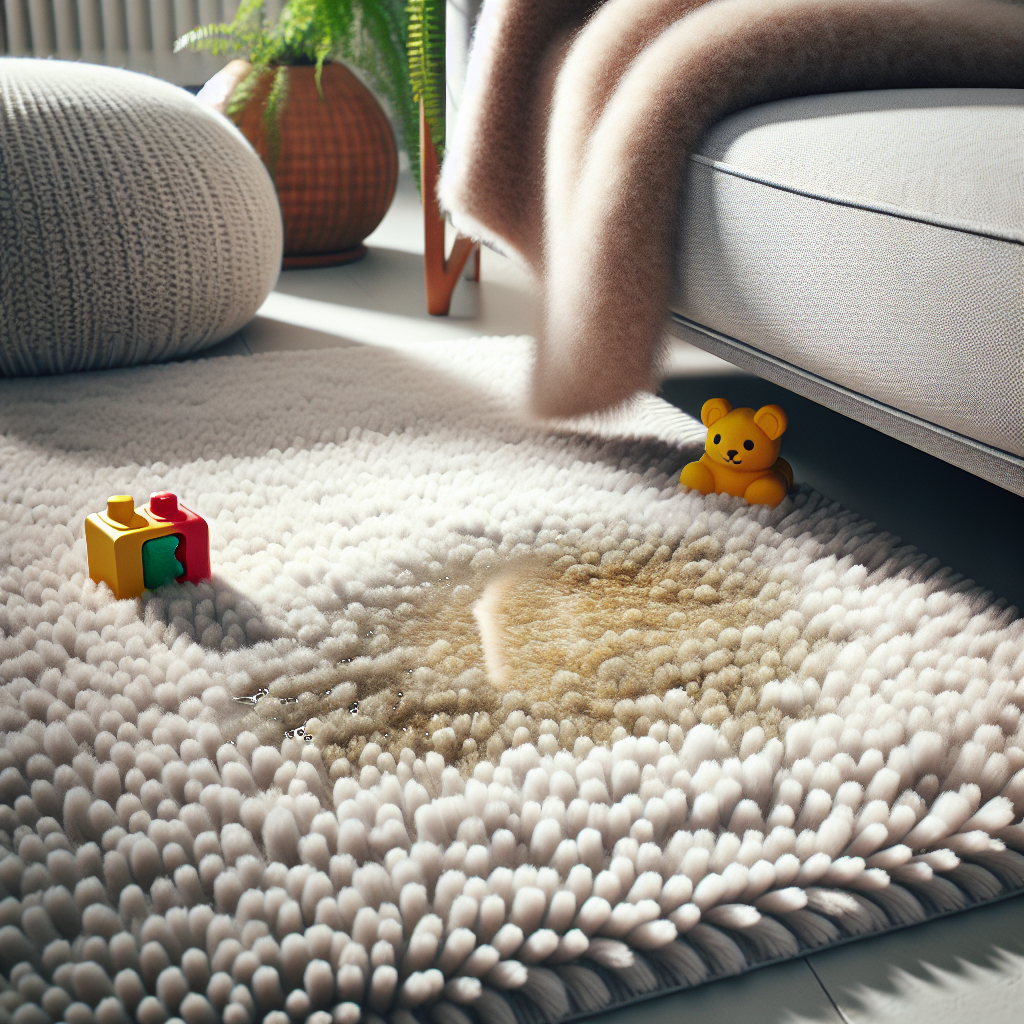 A close-up of a luxurious, light-colored carpet or sofa cushion with a subtle, barely visible wet patch or faint discoloration, implying a human urine accident. A tiny toy block or a soft blanket is nearby, hinting at the cause. The atmosphere suggests a clean home, but there's a delicate, almost invisible wisp symbolizing an unpleasant, lingering odor, creating a contrast between the beautiful setting and the hidden problem. Realistic, soft indoor lighting.