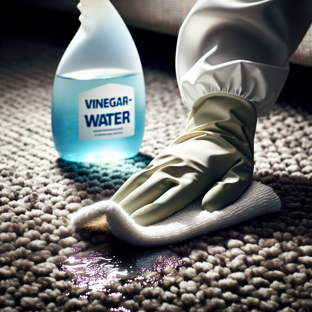 A human hand, gloved, actively blotting a spot on a dark textile surface (like a carpet or upholstery) with a clean white cloth. A spray bottle labeled with 'Essig-Wasser' (Vinegar-Water) is partially visible in the background. The area being cleaned is visibly transforming from dull and stained to fresh and vibrant, with a subtle glow of cleanliness and effectiveness. Bright, optimistic lighting, focus on the action and positive outcome.