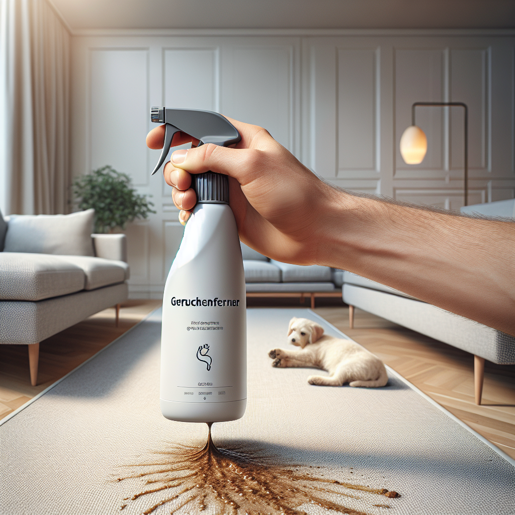 A realistic and bright image showing a hand holding a modern, generic spray bottle labeled 'Geruchsentferner' (Odor Remover) over a subtle, dried pet urine stain on a light-colored carpet in a clean, contemporary living room. The scene emphasizes effective cleaning and the restoration of freshness, with soft, natural lighting.
