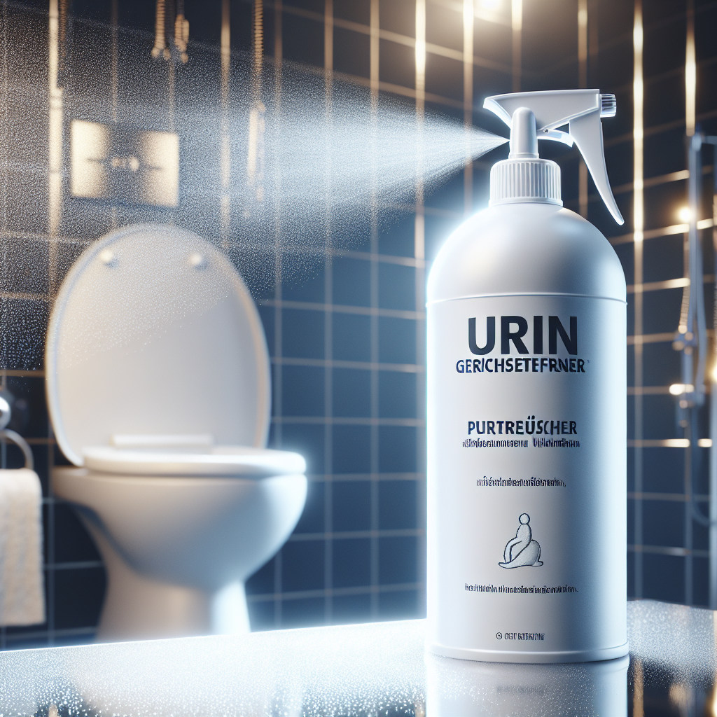 A close-up, realistic shot of a sleek, white spray bottle, labeled generically as 'Urin Geruchsentferner' (Urine Odor Remover), emitting a fine, fresh mist. The background is softly blurred, showing sparkling clean bathroom tiles or a freshly laundered piece of fabric, symbolizing successful odor neutralization and a pure, clean environment. The image conveys a sense of hygienic freshness.