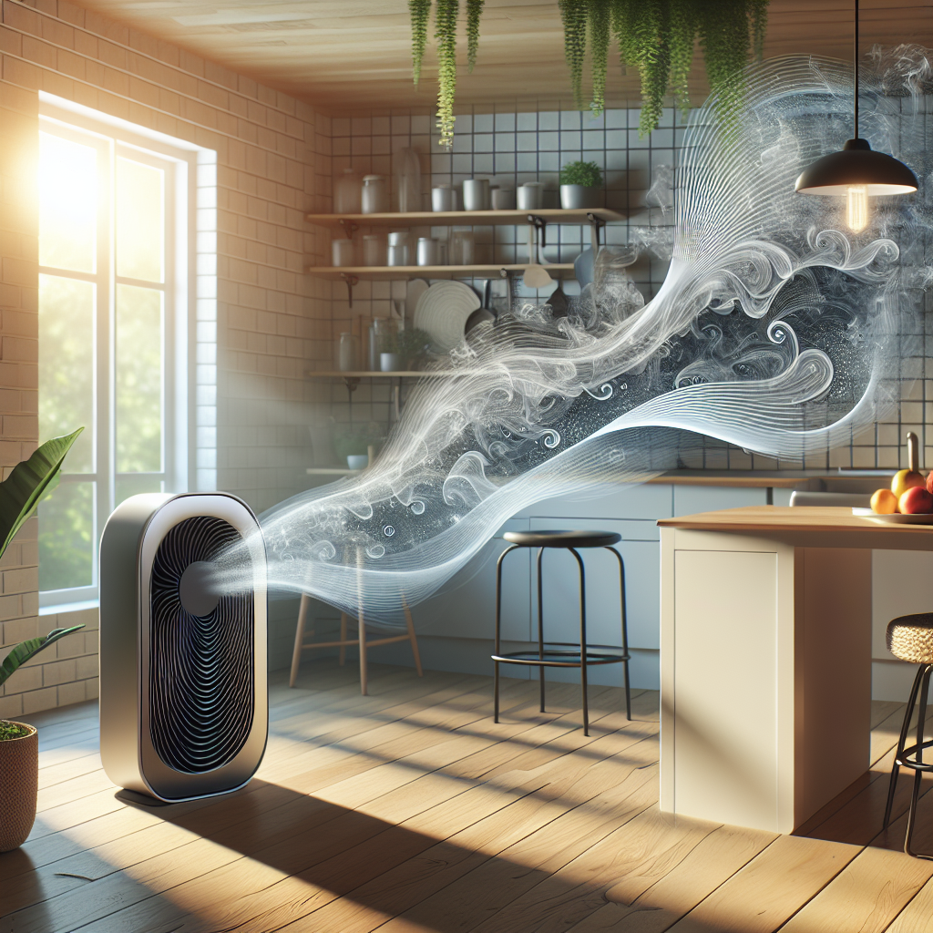 A sleek, modern odor remover fan (Geruchsentferner Ventilator) in a bright, contemporary kitchen. On one side, subtle, dark, wavy lines of 'unpleasant air' are being drawn into the fan. On the other side, clear, vibrant, fresh air is gently flowing out, creating a visible zone of freshness. Soft morning light, cozy home atmosphere. Photorealistic.