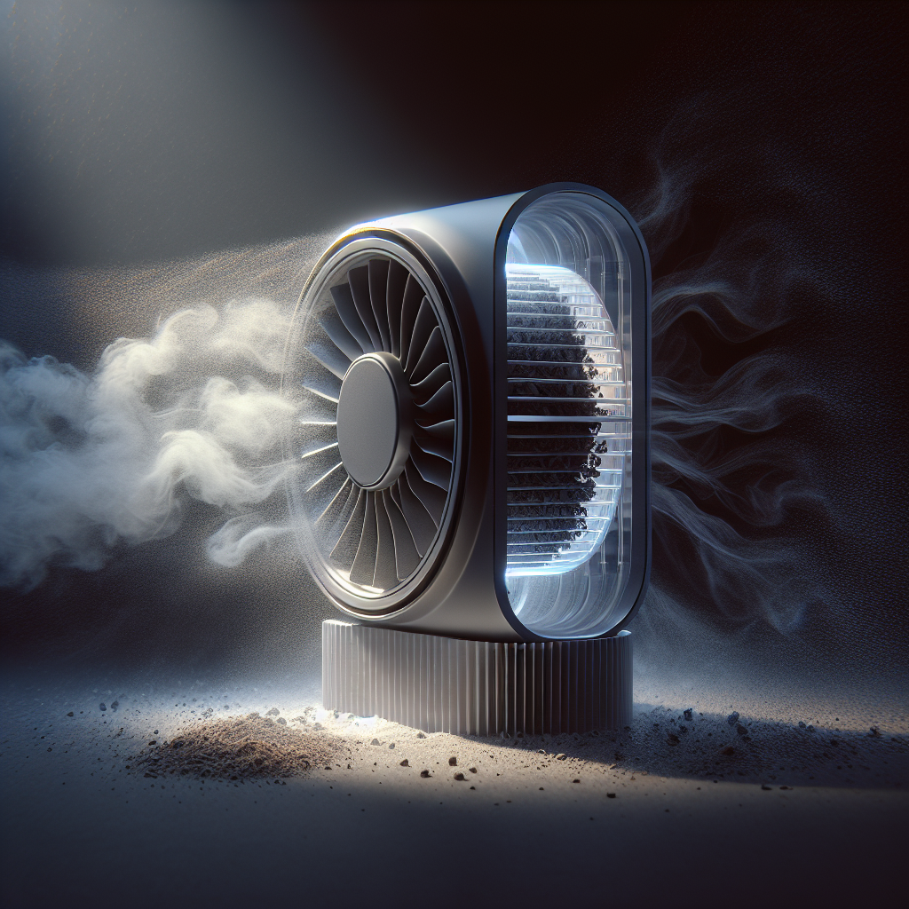 A close-up, conceptual image illustrating the air purification process of an odor remover fan. Show the fan's transparent casing revealing an activated carbon filter inside. Hazy, slightly brownish air enters from one side, passes through the dark filter, and emerges as pristine, clear, slightly glowing blue-white air on the other side. High-tech, clean design, focus on filtration. Studio lighting.
