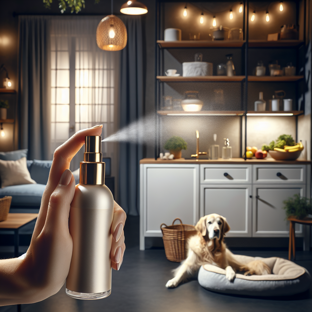 A clean and modern home interior, bright and inviting. In the foreground, a hand holds a sleek spray bottle of odor remover, emitting a gentle mist. Subtle visual cues in the background suggest common odor sources like a pet bed, a kitchen counter, and fresh laundry. The overall atmosphere conveys freshness, cleanliness, and the effective neutralization of unpleasant smells. DALL-E, photography style, soft lighting.