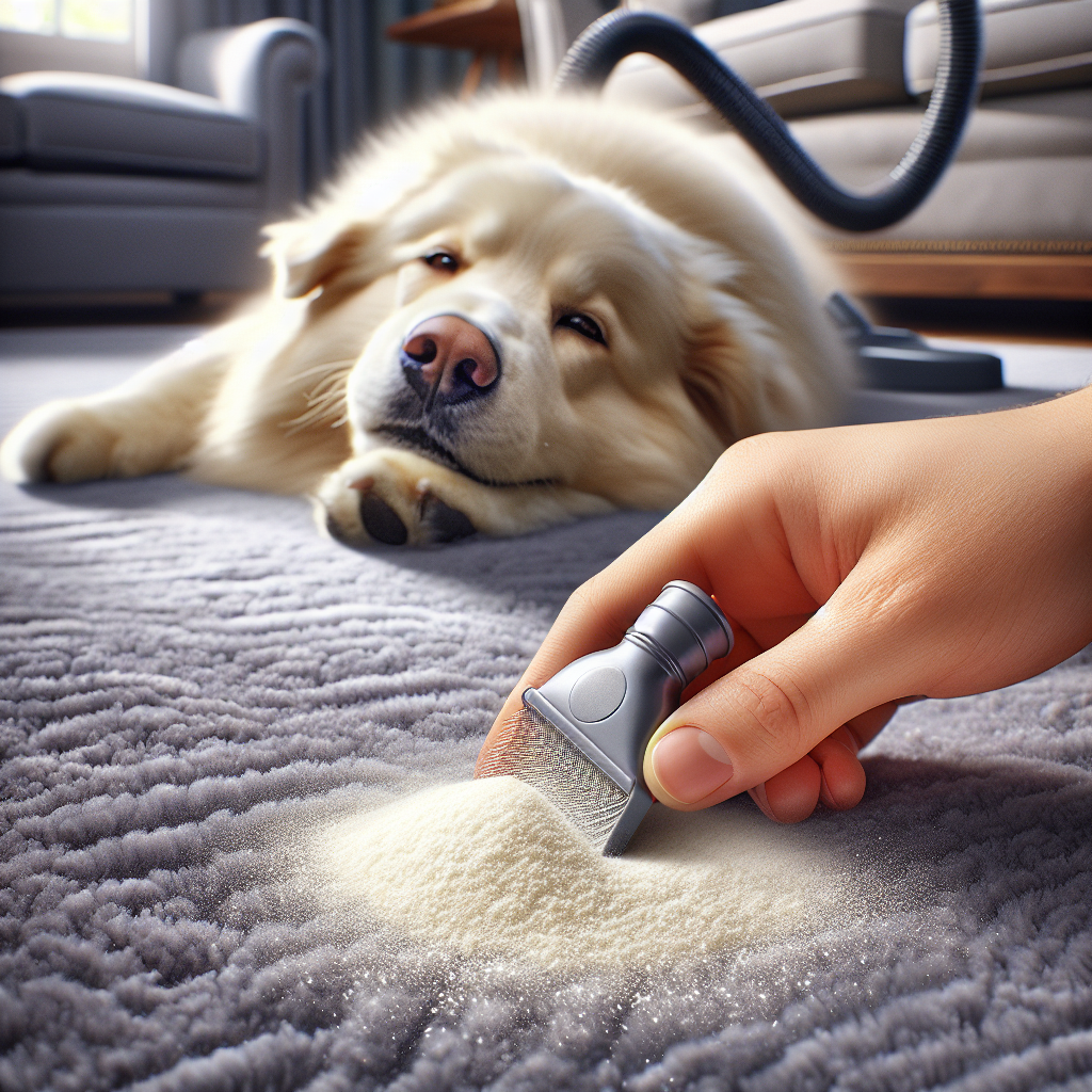 A close-up of a plush carpet or sofa fabric. A small amount of white, fine powder (odor remover) is subtly visible on the surface, with a hand gently sprinkling it or a vacuum cleaner attachment nearby, hinting at the application process. In the background, a playful but clean pet (e.g., a dog or cat) is lounging comfortably. The overall image should evoke a sense of cleanliness, freshness, and effective odor removal, especially for pet odors. DALL-E, realistic photography, soft focus on the background.