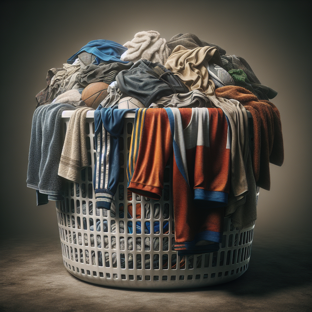 A close-up, realistic photo of a laundry basket overflowing with damp, used sports clothing and towels, conveying a subtle sense of unpleasant odor. The fabrics appear slightly discolored and worn, set in a dimly lit, practical laundry room. Focus on the textures of the clothes.