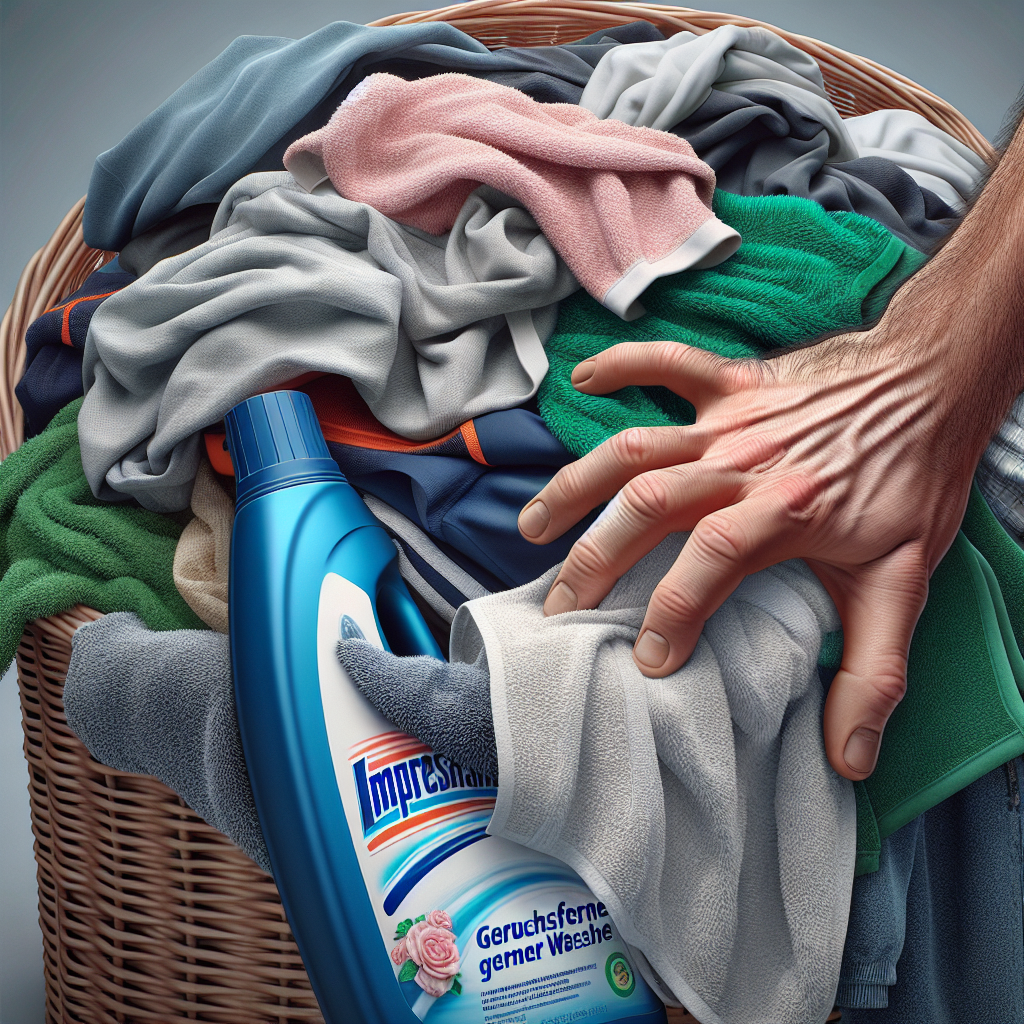 A close-up shot of a laundry basket overflowing with various types of used laundry, including sweaty sportswear and damp towels. A hand is reaching into the basket, and the body language suggests a person noticing an unpleasant odor with a slightly frustrated expression. In the foreground, a prominently displayed bottle of 'Impresan Geruchsentferner Wäsche' stands clearly visible. Realistic photography style with natural lighting.