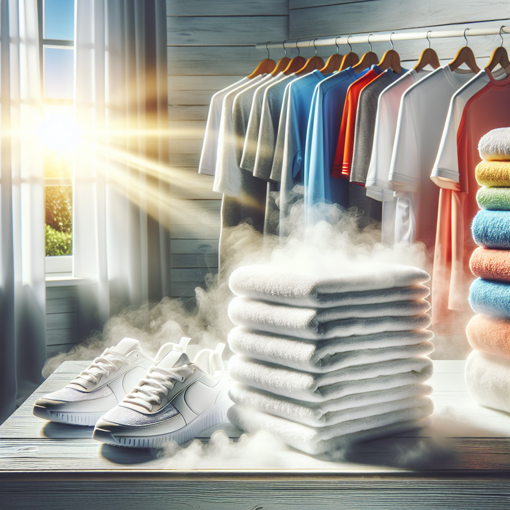 A stack of perfectly clean, fluffy white towels and vibrant, freshly washed sportswear neatly folded on a clean, light-colored wooden surface. Sunlight streams into the scene through a window, creating a bright, airy atmosphere. A subtle, refreshing 'steam' or glow emanates from the laundry, visually emphasizing extreme freshness and a pleasant scent. The overall image evokes a strong sense of cleanliness and purity.