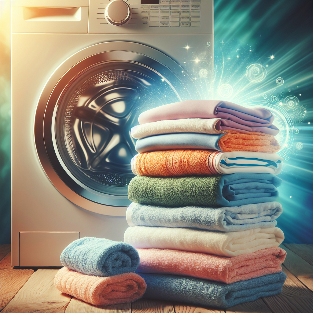 A vibrant, crisp stack of clean, freshly laundered clothes, including colorful sportswear and soft towels, with a soft, ethereal glow representing ultimate freshness. A washing machine drum is subtly visible in the background, out of focus. The overall mood is bright, clean, and inviting, emphasizing the removal of odors and the feeling of newness.